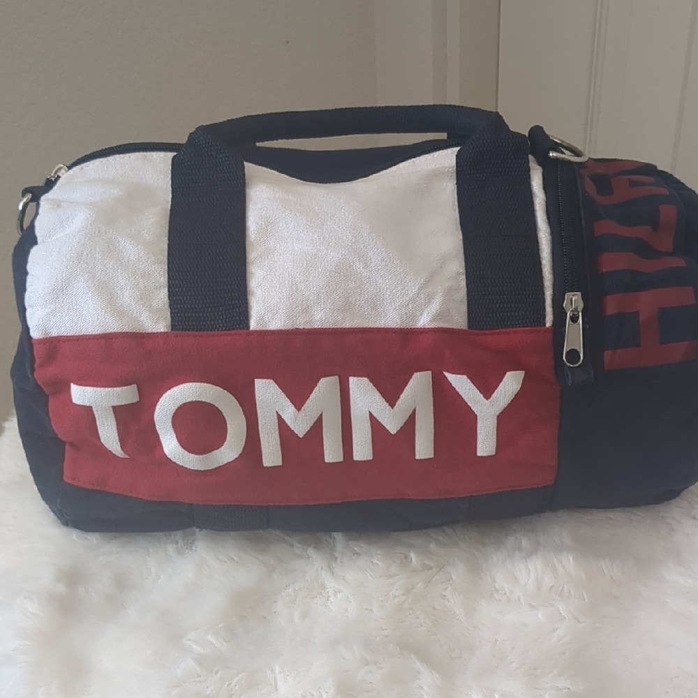 Tommy Hilfiger Red and White Duffel Bag Vintage
